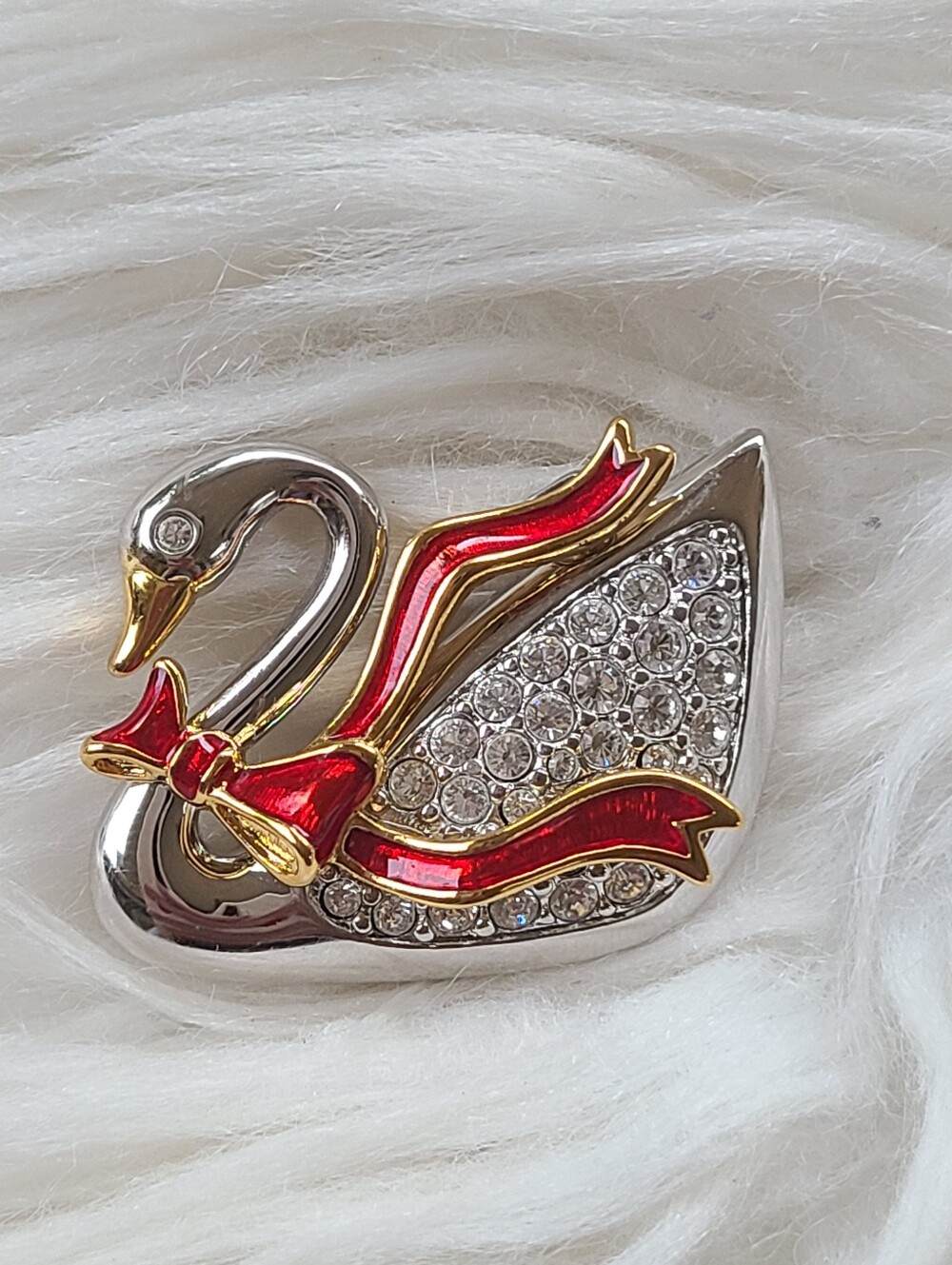Swarovski Silver Swan Brooch with Red Enamel Accents- Excellent Condition